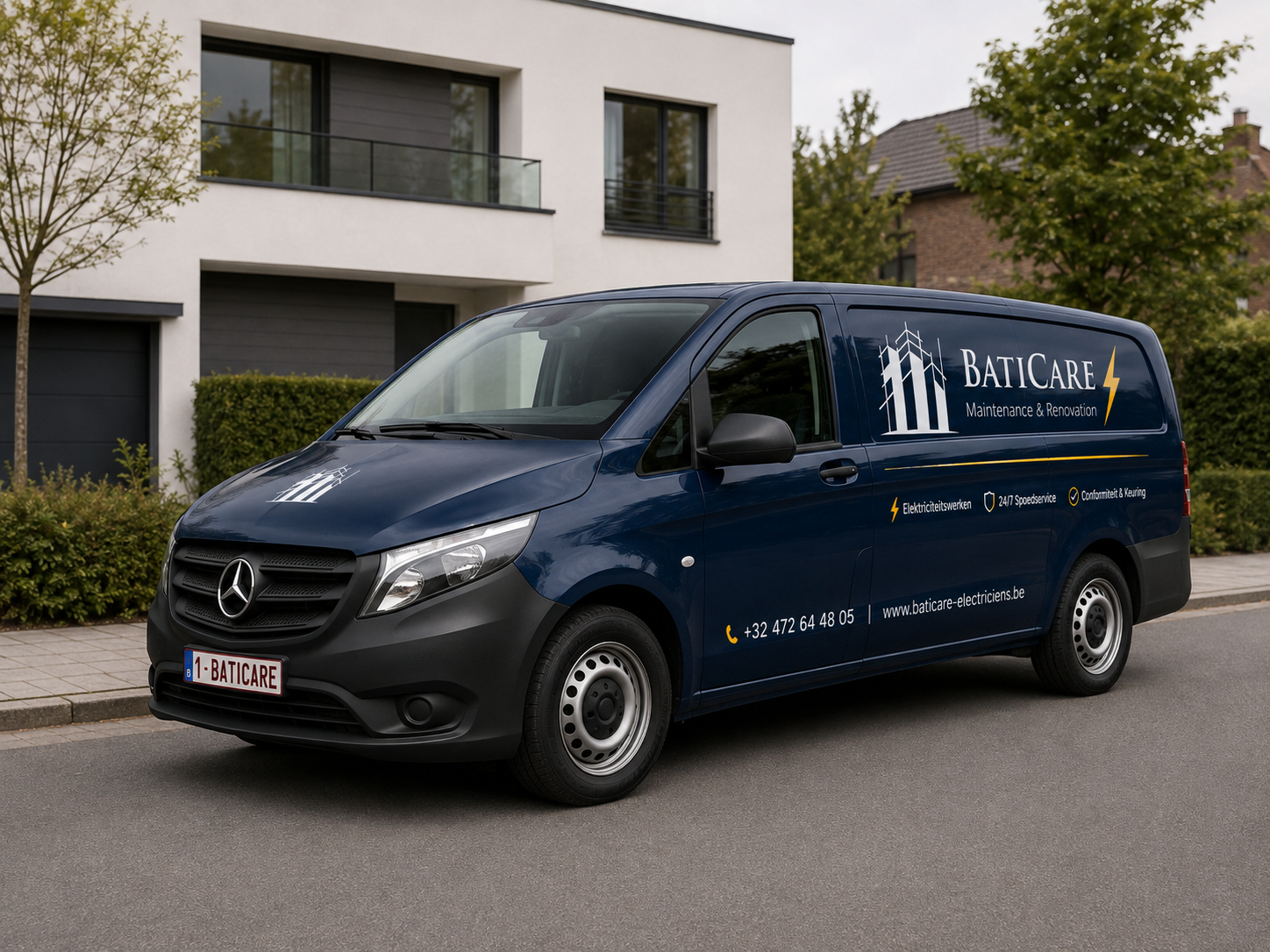 Donkerblauwe branded BatiCare-bestelwagen